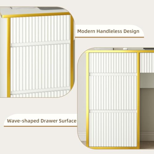 4 EVER WINNER 47-Inch Fluted Computer Desk with 4 Drawers, White and Gold | Compact Home Office Desk with 4 Storage Drawers, Including a Deep File Drawer, White and Gold Desk for Bedroom, Small Spaces - color: White and Gold