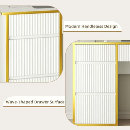 4 EVER WINNER 47-Inch Fluted Computer Desk with 4 Drawers, White and Gold | Compact Home Office Desk with 4 Storage Drawers, Including a Deep File Drawer, White and Gold Desk for Bedroom, Small Spaces - color: White and Gold