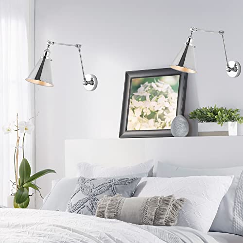 JONATHAN Y Rover 1-Light Wall Sconce 7", Chrome, Set of 2 | Adjustable Arm, Hardwired Bedside Reading Swing Arm, Farmhouse Cone Shade, Metal Hardwired Indoor Fixture, LED Bulbs Included - color: Chrome, size: Set of 2
