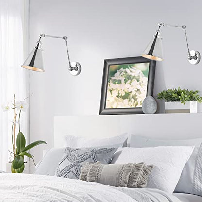 JONATHAN Y Rover 1-Light Wall Sconce 7", Chrome, Set of 2 | Adjustable Arm, Hardwired Bedside Reading Swing Arm, Farmhouse Cone Shade, Metal Hardwired Indoor Fixture, LED Bulbs Included - color: Chrome, size: Set of 2