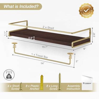 Floating Shelves Bathroom Shelves Over Toilet Set of 2, Bathroom Wall Shelves with Towel Bar, Wall Mounted Vanity Shelf for Bedroom, Kids Room, Kitchen (Brown & Gold) - color: 4. Brown-gold
