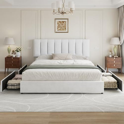 VECELO King Size Bed Frame with 4 Storage Drawers, Adjustable Height Headboard, Heavy-Duty Bedframe with Strong Wooden Slats, No Box Spring Needed, Pure White - color: Pure White, size: King, style: Bed Frame With Drawers