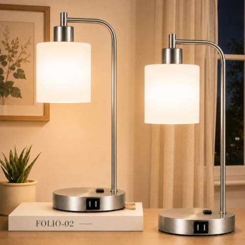 Set of 2 Industrial Touch Control Table Lamps with 2 USB Ports and AC Outlet - 3-Way Dimmable Nickel Bedside Lamp Nightstand Desk Lamps for Bedroom Living Room, Opal Glass Shade & 2 LED Bulbs Included - color: Nickel(2 pack)-Opal Glass-Touch Control