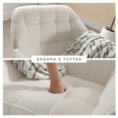 Modern Sherpa Accent Chair with Ottoman, Fluffy Upholstered Lounge Chair with Footrest, Comfy Living Room Side Boucle Armchair for Small Space Bedroom Apartment, White - color: White With Ottoman