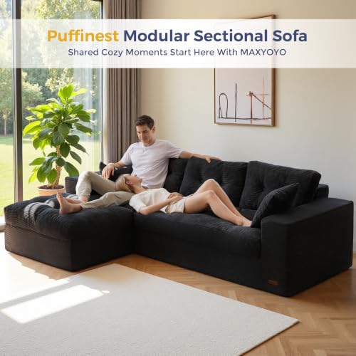 MAXYOYO Boneless Couch, 96-Inch L-Shaped Cloud Couch with Ottoman | Black Layered Cushioning and Flexible Modules Create an Upholstered Sofa in a Box with No Assembly for Spacious Living Rooms. - color: Black, size: 96" L Shape
