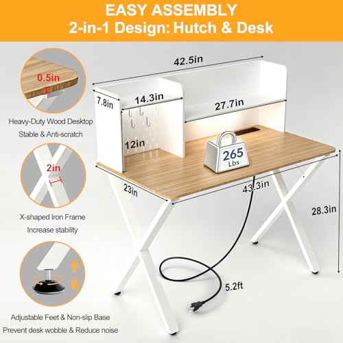 Lightdot 44"×24" White Computer Desk with Motion Sensor Light, Home Office Gaming Desk with Charging Station Pegboard, Modern Study Desk for Work Bedroom Game Kids Room Living Room - color: White/Natural