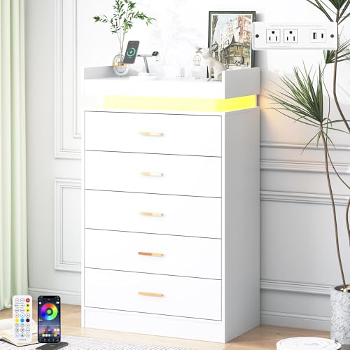 jiteentarou 5 Drawer Dresser with Charging Station and LED Lights, Modern Chest of Drawers with Power Outlet, Organizer Cabinet for Bedroom, Living Room, Entryway, White - color: White, size: 15.4"D x 27.6"W x 45.5"H (5 Drawers)