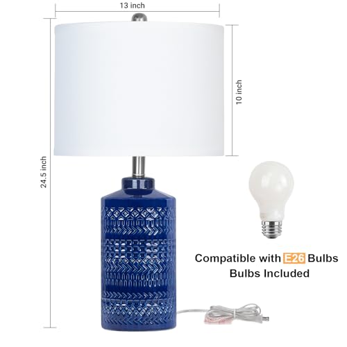 JUNNAI 24.5" Navy Blue Table Lamp Modern Bedside Ceramic Lamps for Living Room 3-Way Dimmable Entryway Nightstand Farmhouse Lamp for Home Office Bedroom, Bulb Included - color: Blue