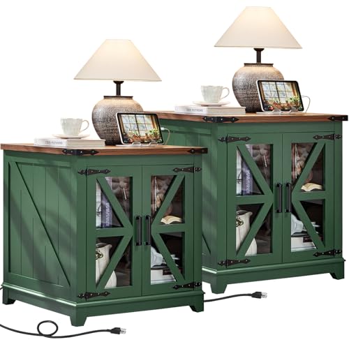 Joaxswe Farmhouse End Table Set 2 for Living Room, Charger Station | USB Ports, Glass Barn Door, Solid Wood Legs, 24" Large Sofa Side Table, Adjustable Shelf, Green Square Table for Bedroom - color: Olive Green, size: Set 2