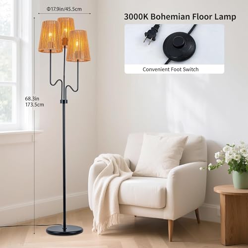 MAYNA 3-Light Black Boho Floor Lamp with Handwoven Rattan Shades | Adjustable Swiveling Arms, Foot Switch Standinmg Floor Lamp for Living Room & Bedroom, 3 LED Bulbs Included - color: Black 3 Lights