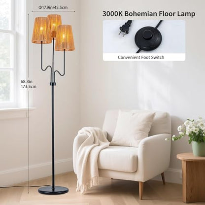 MAYNA 3-Light Black Boho Floor Lamp with Handwoven Rattan Shades | Adjustable Swiveling Arms, Foot Switch Standinmg Floor Lamp for Living Room & Bedroom, 3 LED Bulbs Included - color: Black 3 Lights