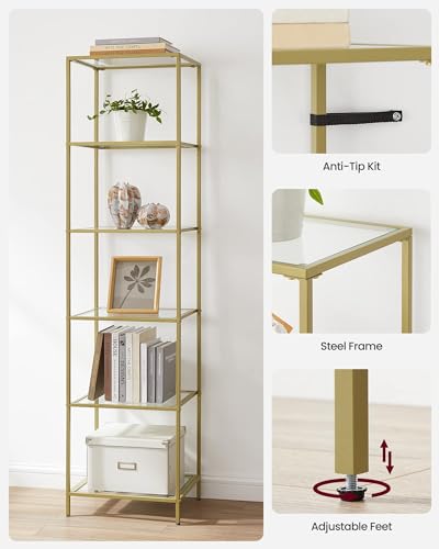 VASAGLE Bookcase, 6-Tier Bookshelf, Slim Shelving Unit for Bedroom, Bathroom, Home Office, Tempered Glass, Steel Frame, Metallic Gold ULGT500A01 - color: Metallic Gold, size: 6 Tiers (15.7"W x 69.8"H)