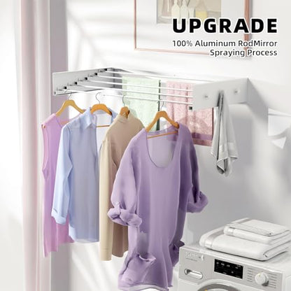 ZMBESUP Upgrade Wall Mounted Drying Rack with 6 Hooks, 31.5" Foldable Laundry Rack, 5 Rods & Hooks Space Saver for Bathroom, Collapsible Clothing Rack with Template for Indoor Outdoor (White) - size: 31.5'' Upgrade
