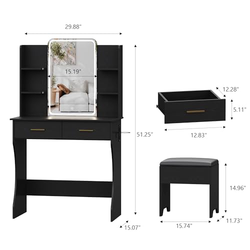 Small Vanity Desk with Mirror and Lights, Makeup Vanity with LED Lights, Black Vanity Mirror with Lighted Desk and Chair, 3 Lighting Adjustable Compact Dressing Table with Mirror for Women, Girls - color: Black, size: 29.88x15.09x51.30 in