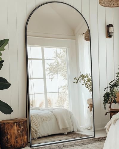 Full Length Mirror with Stand, 71"x32" Arched Full Body Mirror, Large Stand Up Mirrors, Aluminum Frame Floor Standing Mirrors, Freestanding Hanging Leaning Mounted for Bedroom Living Room, Black - color: Black, size: 71"L x 32"W