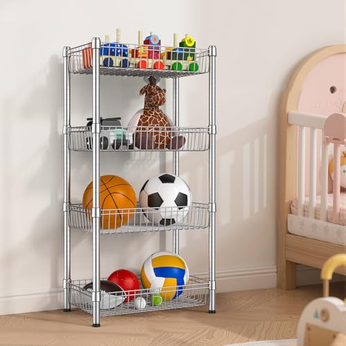 4 Tier Basket Shelf Wire Shelving Unit Adjustable Metal Storage Rack Storage Shelving Standing Shelf Units Heavy Duty Organizer for Pantry Kitchen Bathroom Closet Laundry Utility Room 14"Dx24"Wx47"H