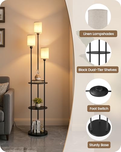 Floor Lamp with Shelves, Modern Floor Lamp with 3 Linen Shades and Foot Switch, 3-Light Standing Lamp, for Living Room, Bedroom, Study, Office, Black and Beige E53LD05 - color: Black + Beige