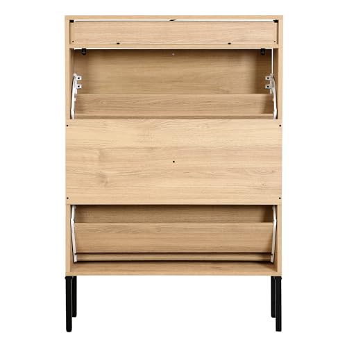 Shoe Cabinet, Shoe Storage Organizer Cabinet with 2 Flip Wavy Line Drawers, Freestanding Shoe Rack with Adjustable Shelf for Entryway, QH242-1 - color: Wavy Line-oak