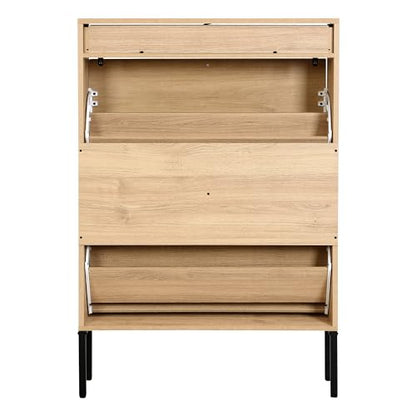 Shoe Cabinet, Shoe Storage Organizer Cabinet with 2 Flip Wavy Line Drawers, Freestanding Shoe Rack with Adjustable Shelf for Entryway, QH242-1 - color: Wavy Line-oak