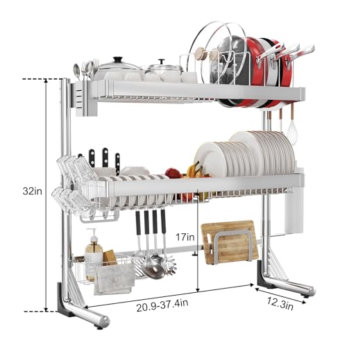 Over The Sink Dish Drainer Drying Rack 3 Tier, Full Stainless Steel Dish Drying Rack Adjustable Length 20.9''-37.4'' , Kitchen Sink Shelf, Organized Space-Saving Dish Rack with Pots and Pans Rack - color: Silver, size: 3 Tier with Pots and Pans Rack