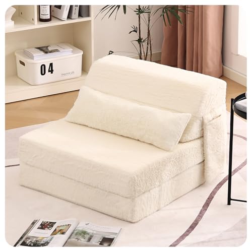 Convertible Folding Sofa Bed Single Size for Adults with Pillow, Plush Fabric Floor Mattress Couch Bed, Washable Cover & Side Pocket, Guest Room, Dorm, Apartment, Living Room, Beige - color: Plush Beige, size: Single Size