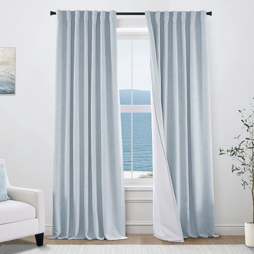 Light Blue Linen Blackout Curtains for Bedroom, 84" L Coastal Summer Light Blocking Thermal Insulated Drapes, Pleated Grand Millenial Drapery Panels, Set of 2 - color: Light Blue, size: 50"W x 84"L (Pack of 2)