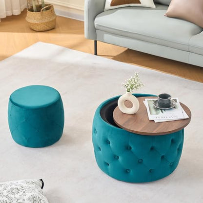 23" Velvet-Upholstered Accent Side Table, Modern Nesting Side Tables with Hidden Storage, Space-Saving Nesting Coffee Table Set with Wood Tray for Living Spaces, Blue - color: Blue
