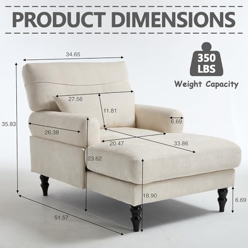 Chaise Lounge Chair Indoor Bedroom, Comfy Lounge Chair with Wide Armrest & Backrest for Small Space, Thick Cushion, High-Density Foam, Waist Pillow, Chenille (White) - color: White