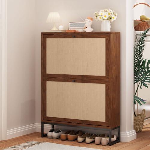 Narrow Sim Shoe Cabinet with 2 Flip Drawer, Sim Wooden Shoe Rack, Walnut | Freestanding Shoe Storage Cabinet for Entryway with Natural Linen Panel, Wood Shoe Organizer Closed Shoe Rack for Hallway - color: Walnut, size: 2 Drawers Single Layer