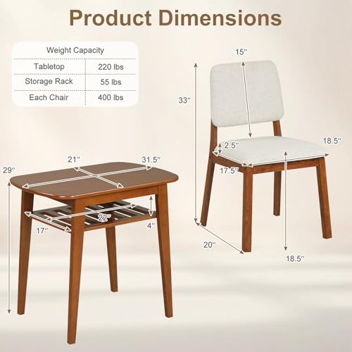 Giantex Dining Table Set for 2, Space Saving Kitchen Table and Chairs Set w/Rubber Wood Frame, Storage Rack, Padded Seats & Backrests, Dinette Set for Small Space, Apartment, Dining Room, Walnut - color: Walnut