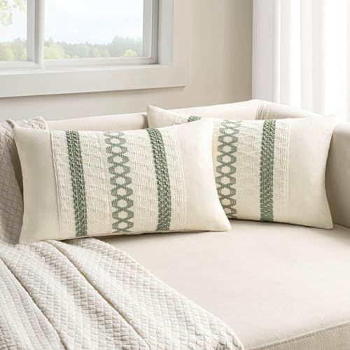 MIULEE Set of 2 Sage Green Boho Decorative Lumbar Pillow Covers 12x20 Inch | Farmhouse Couch Throw Pillows, Modern Cotton Cushion Covers, Macrame Woven Spring Home Decor for Bed Sofa Chair - color: Sage Green, size: 20" x 12" (Pack of 2)