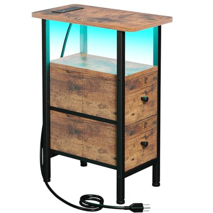Narrow End Table with Charging Station, Small Nightstand | Skinny Side Tables Living Room with 2 Fabric Drawers, Slim Bedside Table with LED Lights for Bedroom, Small Spaces, Brown - color: Rustic Brown, size: 23.22''H (2 Drawers), style: Power + Light