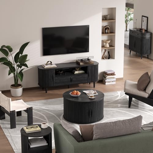 SULIVES Round Coffee Table with Lifting Top, Multifunctional Lift Top Drum Coffee Table with Sliding Door, Small Fluted Center Table for Living Room,Black - color: Black_round-lift-top