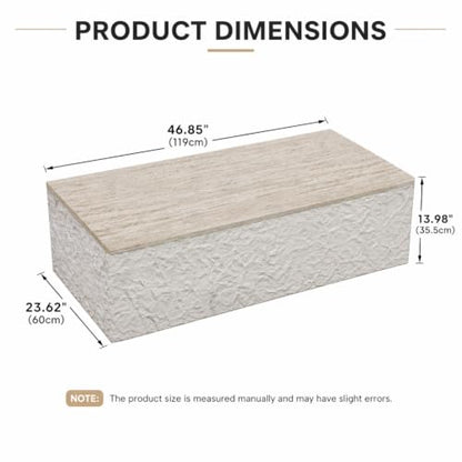 Henf Modern Faux Stone Coffee Table with Travertine Top, 47''x24''x14'' | Multi-Use Living Room Table, Faux Rock Base, Low-Profile Design, Waterproof & Stain-Resistant, Scratch-Resistant Surface - color: Natural, size: 47in