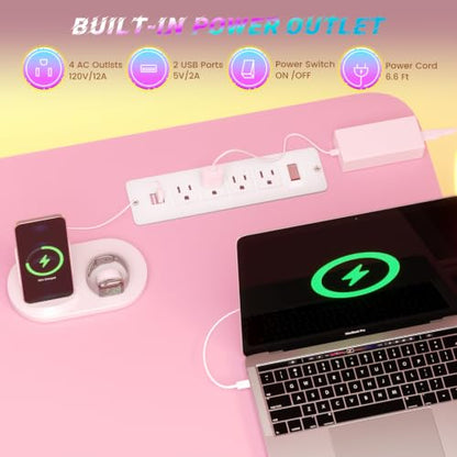 SEDETA Small Standing Gaming Desk, 31.5" Rolling Computer PC Desk Electric Height Adjustable with Power Outlet, Pegboard & Storage Shelves, LED Light, for Small Spaces/Bedroom/Gaming/Girl Room, Pink - color: Pink