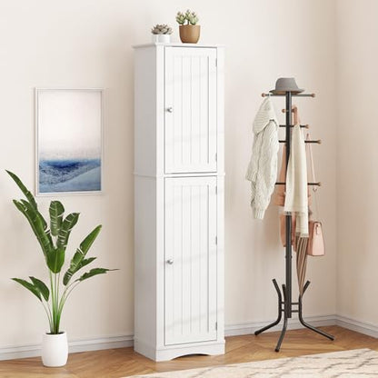 Function Home 높은 욕실 보관 캐비닛, 162.6cm(64인치) 슬림 주방 식료품 저장실, 도어 수납 공간이 있는 좁은 목재 독립형 캐비닛, 조절 가능한 선반이 있는 주방 거실 다이닝룸용, 화이트 - color: 화이트., size: 15.8"Wx11.81"Dx64"H