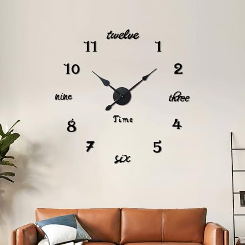 Modern Frameless Large Wall Clock Battery Operated 3D Mirror Big DIY Decorative Wall Clocks for Living Room Decor (Black) - color: Black
