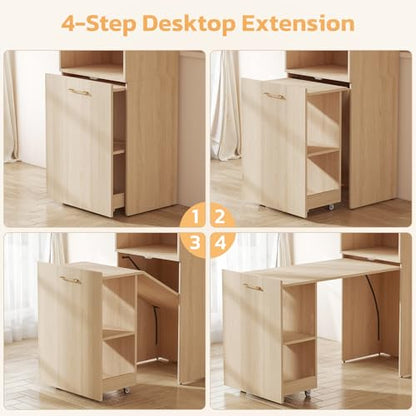 Zevemomo Folding Desk, Convertible Table with Shelves & Wheels - Beige | Folding Desk with Storage, Craft Cabinet with Fold Out Table, Compact Computer Desk for Small Space, Reversible L Shaped Desk - color: Beige