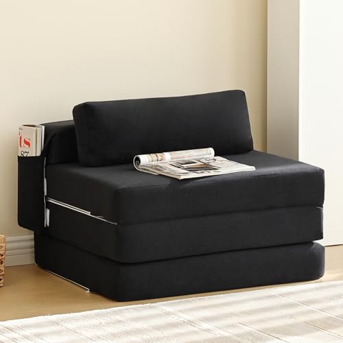 Folding Sofa Bed Chair, 4-Fold Convertible Sleeper Chair with Lumbar Pillow, Washable Cover & Side Pocket, Floor Couch Bed with Raised Seat, Single Size for Small Spaces, Black - color: Snownylon Black, size: Single Size