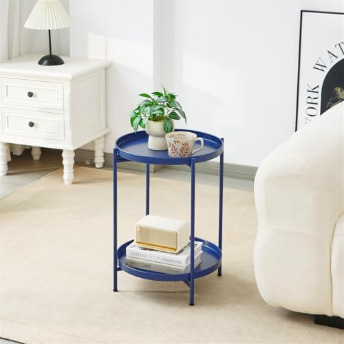 2-Tier Round End Side Table, Small Metal Side Table with Removable Tray, Folding Accent Tables for Living Room, Balcony, Nightstand for Bedroom, Outdoor Tables for Patio, Navy Blue - color: Navy Blue
