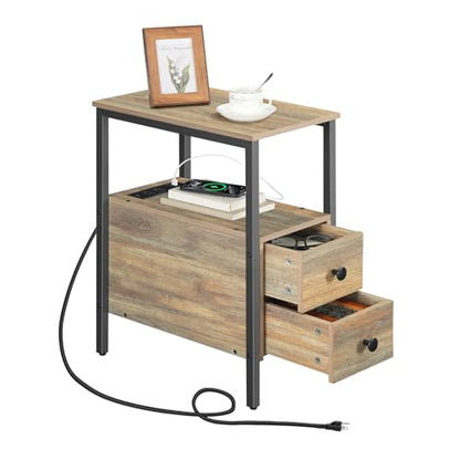 HOOBRO End Table with Charging Station, Narrow Side Table with 2 Drawer & USB Ports & Power Outlets, Nightstand for Small Spaces, for Living Room, Bedroom, Sapphire Brown UC541BZ01 - color: Sapphire Brown
