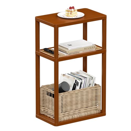 YGYQZ Rattan End Table, 3-Tier Narrow Side Table with Storage, Brown | Space-Saving Design, Slim Storage, Sturdy Construction, Modern Style, Ideal for Living Rooms & Bedrooms - color: Narrow-brown