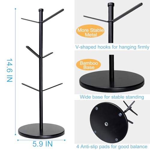 Premium Mug Tree, 6 Hooks Upgraded Stable Metal Mug Holder, Bamboo Base Coffee Mug Cup Rack for Counter Top, Mug Display, Home Storage and Cup Organizer, Black - size: 6 Hooks