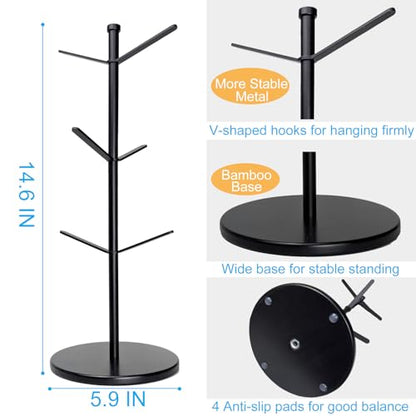Premium Mug Tree, 6 Hooks Upgraded Stable Metal Mug Holder, Bamboo Base Coffee Mug Cup Rack for Counter Top, Mug Display, Home Storage and Cup Organizer, Black - size: 6 Hooks