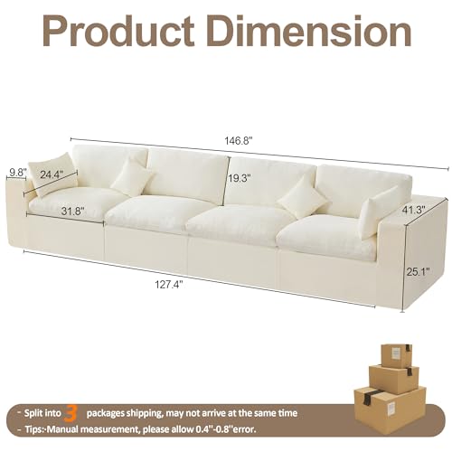 146''Cloud Boneless Sectional Couch, Modular Sectional Sofa Deep Seat, Oversized Upholstered Convertible Comfy 4 Seater Chenille Memory Foam Sofa Couches for Living Room, Beige - color: Beige, size: 146"/4 Seater