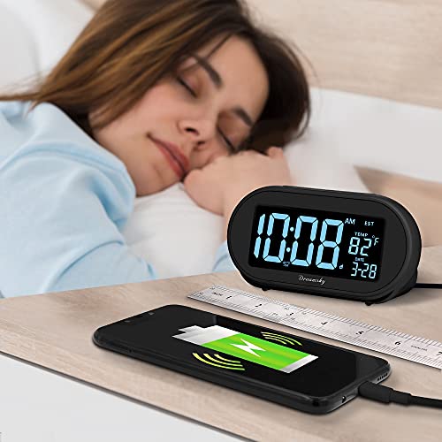 DreamSky Alarm Clocks for Bedrooms, Auto Set Digital Clock with Date & Temp | Electric Desk Clock with Dimmable Brightness Dimmer for Bedside Nightstand, Auto DST, USB Port, Temperature, Snooze - color: Black