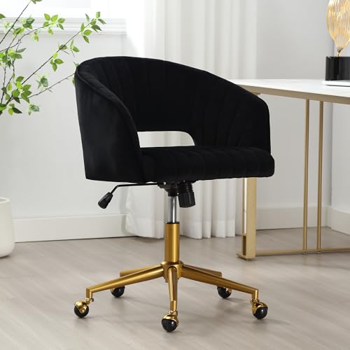 Desk Chair with Wheels, Gold Base, Velvet Accent Vanity Armchair, Black | Spacious‌ Soft Seat, Swivel Height Adjustable, Rocking Function, Modern Stripe for Girls &Women Bedroom Makeup or Nail - color: Black Velvet