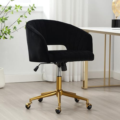 Desk Chair with Wheels, Gold Base, Velvet Accent Vanity Armchair, Black | Spacious‌ Soft Seat, Swivel Height Adjustable, Rocking Function, Modern Stripe for Girls &Women Bedroom Makeup or Nail - color: Black Velvet