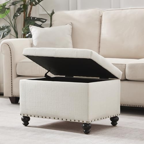 Zihanhome Small Storage Ottoman, Tufted Ottoman Foot Rest, Foot Stools, 24" Upholstered Rectangle Bench with Solid Wood Legs for Living Room, Bedroom, Dorms and Apartments (White) - color: White