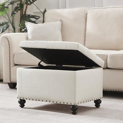 Zihanhome Small Storage Ottoman, Tufted Ottoman Foot Rest, Foot Stools, 24" Upholstered Rectangle Bench with Solid Wood Legs for Living Room, Bedroom, Dorms and Apartments (White) - color: White
